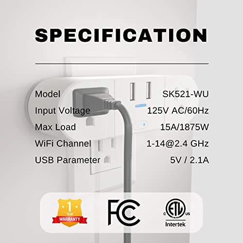 Reno Supplies Smart WiFi Plug with 2 USB Ports,15A 1875W, Smart Outlet for Smart Life App, Alexa, Google Home, No Hub Required, FCC Certified, 2.4G Hz WiFi Only (Pack of 1, 2 USB Ports)