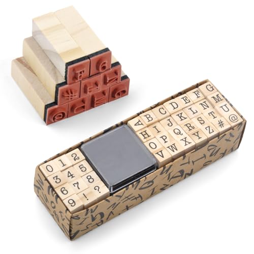 TNSLAND Juego de 40 sellos de alfabeto, letras, sellos de madera, alfabeto, números, letras, sellos de madera para arte, manualidades, fabricación de tarjetas
