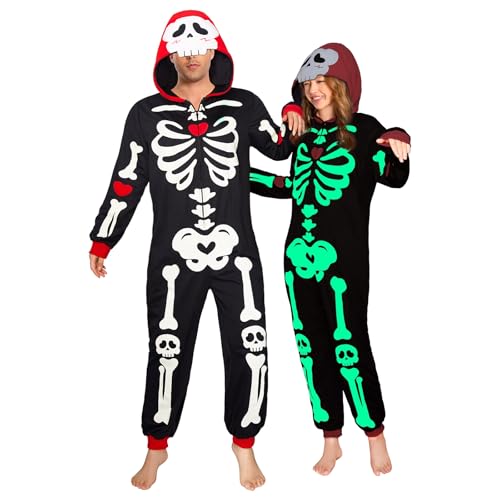 OLAOLA Glow in Dark Adult Skeleton Onesie, Unisex Halloween Cosplay Costume, Animal Pyjamas One Piece Sleepwear