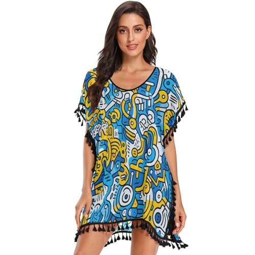 Abstract Doodle Line Art Blue Yellow Women's Beach Cover Up Chiffon Tassel Swimwear Swimsuit Coverups for Girl