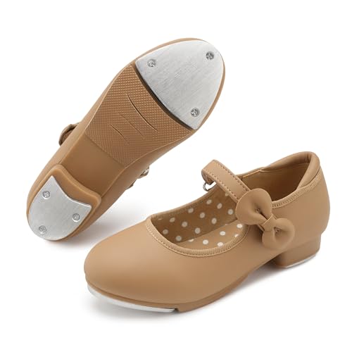 Stelle Girls Tap Shoes Toddler Dance Shoes PU Leather Easy Strap(Toddler/Little Kid/Big Kid)(Tan,9MT)