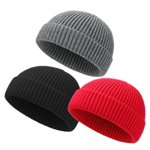 PHILIGHTS 3PCS Short Fisherman Beanie Hat for Men Women, Wool Knit Cuff Trawler Beanie Watch Caps Soft Skullcap Winter Warm Hats