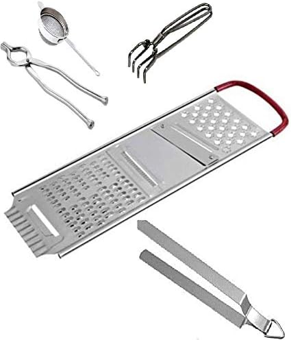 Combo Pack Stainless Steel straight multi purpose chipser grater cheese grater vegetable grater Silver With Steel Tong Roti Chimta Pakkad Wire Tong Tea Strainer