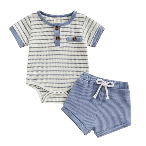 Image of Kuriozud Newborn Baby Boy Summer Clothes Button Short Sleeve Romper Bodysuit Shorts Set Toddler Soft Waffle Outfit