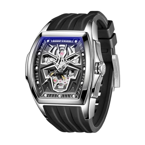REEF TIGER Top Brand Black Panther Tonneau Mechanische Uhr, super Lumious Automatikuhr, Automatikuhr, wasserdicht, Gummi-Uhr für Herren, RGA3061-LEO, Rga3061-leo-ybb, Large, Armband