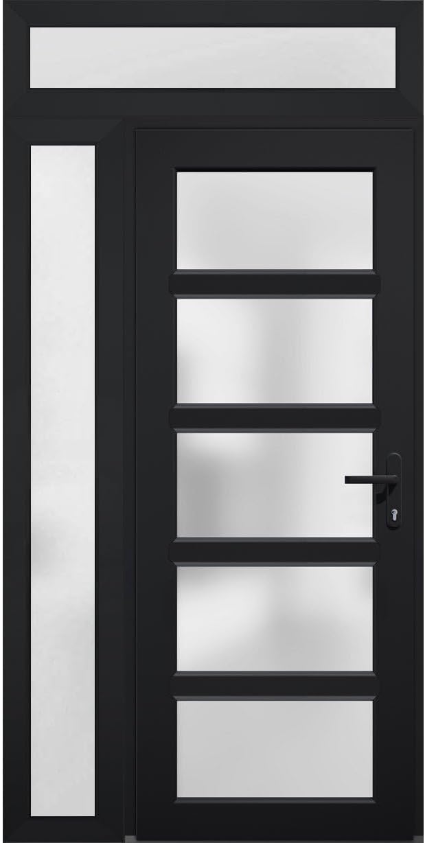 VDOMDOORS Front Exterior Prehung Fiberglass Door Frosted Glass/Manux 8002 Matte Black/Side and Top Exterior Window/Entrance Patio Garage-W36+12" x H80+14"-Left-Hand Inswing