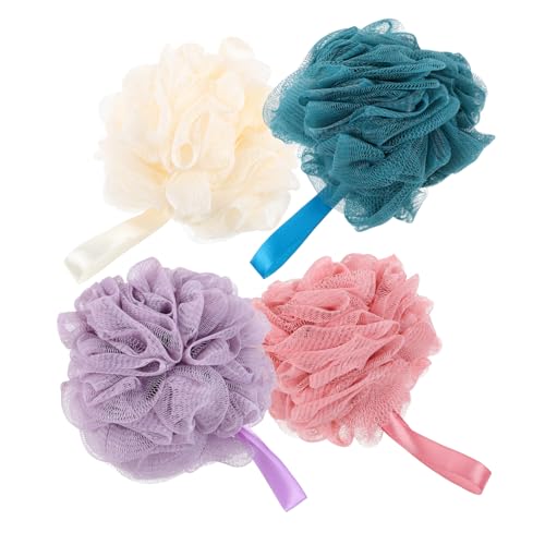 COLLBATH 4 piezas Bolas de Baño Exfoliantes Esponjas de Ducha de Malla PE Firmes y Seguras para Piel Sensible Limpieza Corporal Eficaz y Secado Rápido Colores Surtidos Morado Azul Rosa