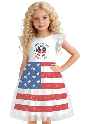Image of Girls 4th of July Dress American Patriotic Outfit USA Independence Day Clothes Flutter Sleeve Tulle Tutu Dress 5-14y
