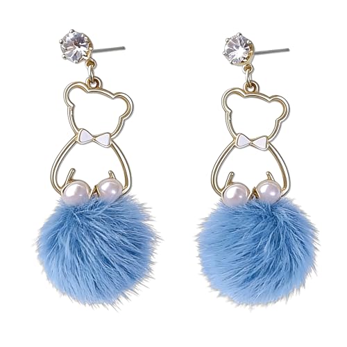 Cute Bear Pom Pom Drop Earrings for Women, Sparkly Zircon Stud with Fuzzy Fluffy Ball, Trendy Cartoon Dangle Earrings Cute Jewelry Gifts (Bule) by CHIVASO - Used condition - US$6.49