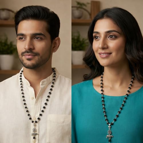 Image of Original Karungali Mala with Shiv Shakti Trishul Damru Nandi Pendant | Natural Black Ebony Wood Karungali Mala with traditional spiritual pendants for meditation prayer yoga and Pooja