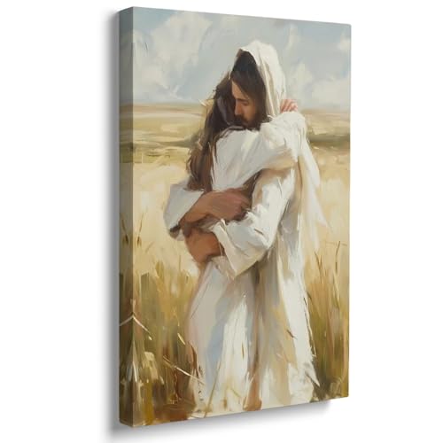 GUBIYU Jesus Embracing Woman Canvas Wall Art,Safe in His Arms Pictures Canvas Print Posters Christian Wall Decor Religious Christian Wall Art Home Decor for Living Bedroom Prayer Room Framed 12"x16"