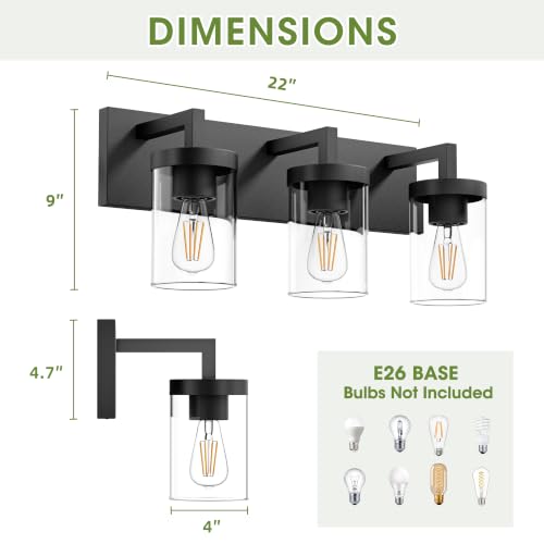 Image of Bathroom Vanity Light, 3 Light Matte Black Vanity Lights with Clear Glass Shade, 22in Modern Wall Sconces, Bathroom Lighting Fixtures Over Mirror