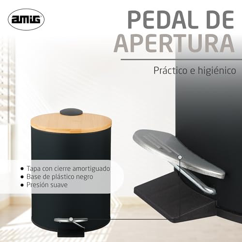 Miniatura 4 de Amig - Cubo De Basura Para Baño Con Pedal 3 Litros Mod. Naturline - Color Negro Y Bambú - Apertura Higiénica Sin Manos - Ø16,8 X 23 Cm - Acero Inoxidable Lacado - Papelera Redonda Con Tapa Hermética