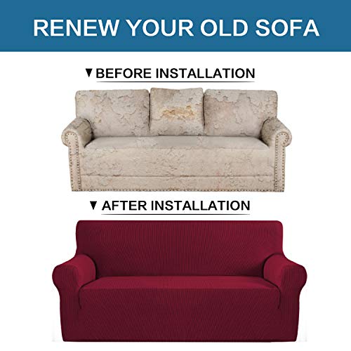 H.versailtex Stretch Sofa Covers For 3 Cushion Couch Covers Sofa Slipcovers For Living Room Feature Thick Checked Jacquard Fabric With Elastic Bottom, Sofa Large - Burgundy Red #TOP2