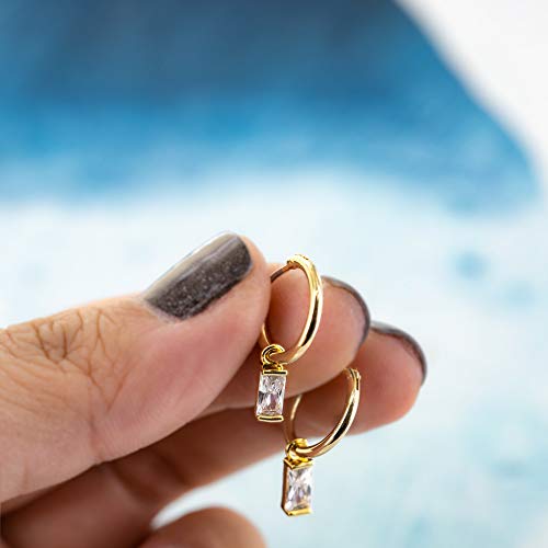 Columbus 14K Gold Dipped Huggie Hoop Earrings - Cz Baguette Charms (Gold Baguette Charm) #TOP6