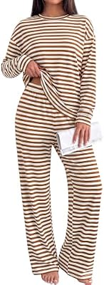BTFBM Striped Lounge Set Women 2 Piece Outfit Tracksuit,S,White Brown