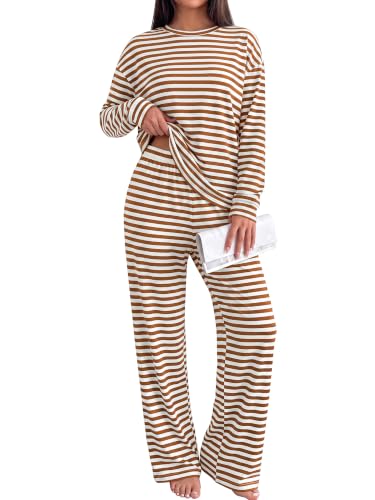 BTFBM - BTFBM Striped Lounge Set Women 2 Piece Outfit Tracksuit,S,White Brown (32% Off Amazon Deal)