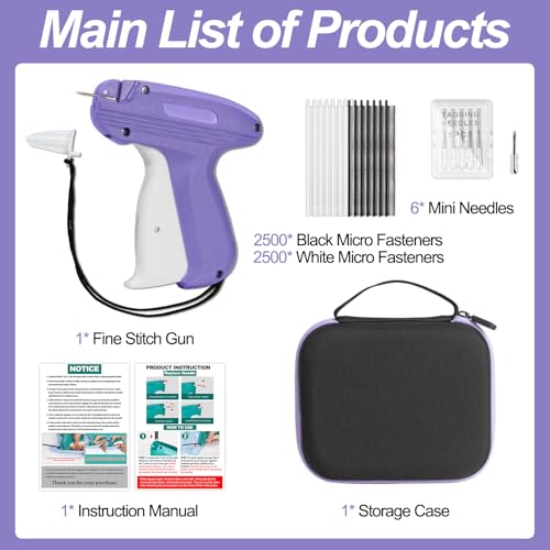 Stitch Gun for Clothes, Fine Mini Stitch Gun for Clothes, Handheld Quick Clothing Fixer, Quick Stitch Sewing Gun Hemming Quilting Tool Kit with 6 Needles, 2500 Black & 2500 White Fasteners (Purple)