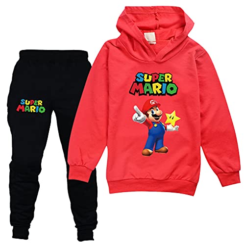 Meina Kids Super Mario Pullover Hoodies and Sweatpants 2 Piece Outfit Set Jogging Tracksuit Sweatshirt Set for Boys Girls (red+black, 7 Years-8 Years)