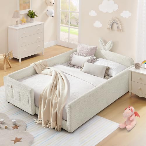 Image of Full Size Kids Bed with Rabbit Ear Headboard, Upholstered Boucle Fabric Full Daybed with Slats Support & Side Pockets, Space-Saving Wooden Corner Sofa Couch Bed Frame for Girls, Boys, Teenager(Beige)