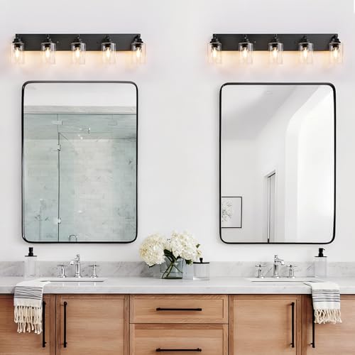 Image of 5-Light Matte Black Bathroom Vanity Light, Clear Glass Shade | 35.4 inch Wall Mount Over Mirror Lighting Fixtures, Durable Metal, Modern Farmhouse Style, for Bathroom, Bedroom, Easy To Install