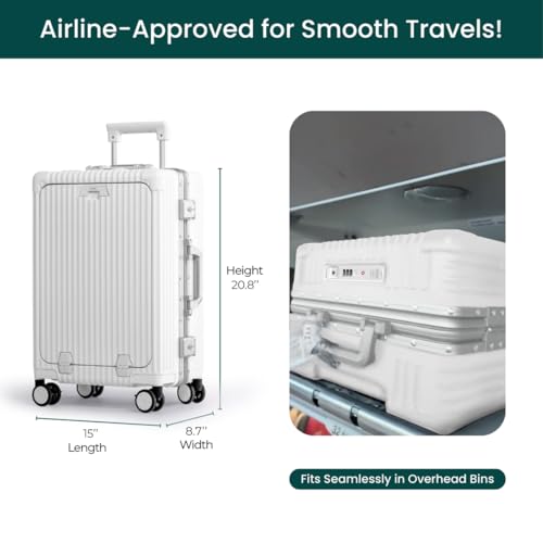 Nobl Travel Carry On Luggage, Noble Zipperless Aluminum Frame PC Hard Shell Suitcase, 20.8"x15"x8.7" Airline Approved, 360° Spinner Wheels, TSA Locks, USB Charging Port, Cup & Phone Holder - White4