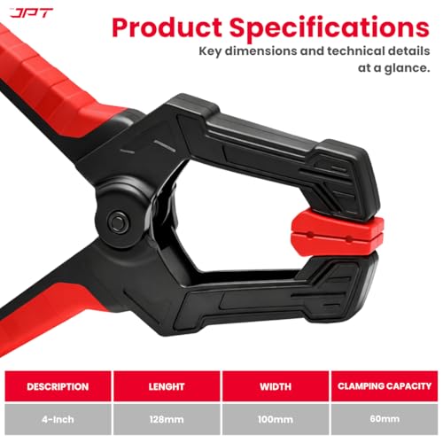 Image of JPT 4-Inch Heavy Duty Spring Clamp | 60mm Clamping Capacity, High-Tension Steel Spring | One-Hand Quick Grip, Non-Slip Pads | Woodworking, Carpentry & DIY Clamp Pack of 4