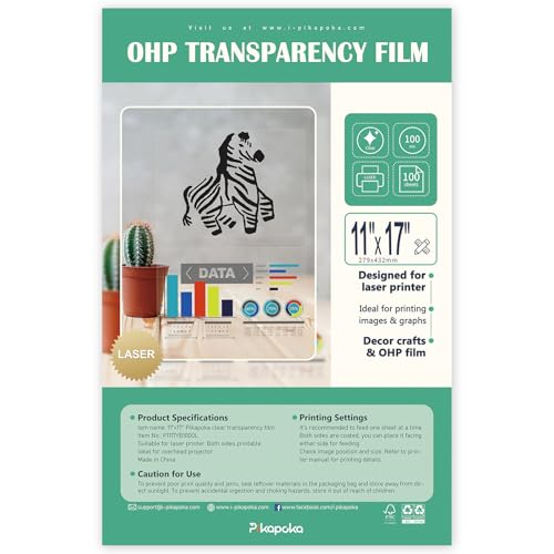 11x17 Clear Transparency Film Laser Printer, 4 mil Double Sides Printable Transparent Ohp Film Paper for Color Laser and Copier, Tabloid Size, 100 Pack,