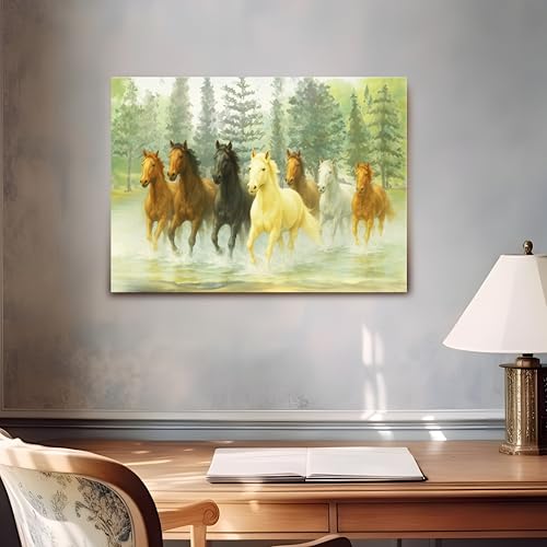 Image of 7 Running Horses Vastu Stretched Canvas Painting For Living Room Multicolor Seven Horses Vastu Wall Art Painting Symbol of Success, Growth & Positive Energy Wall Art for Home & Office, 22x34 Inch