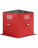 Garvee Pop-up Ice Fishing Tent for 3-4 Persons, Hub-Style Insulated Portable Ice Fishing Shelter with Carrying Bag, Zippered Door, Wind Rope & Anchors, Red
