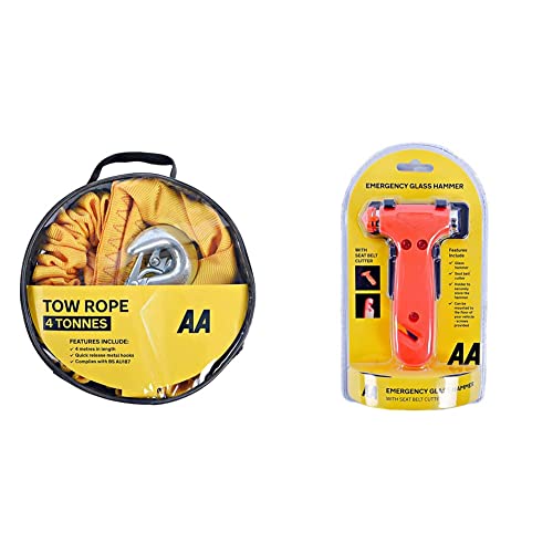 Image of AA 4T Heavy Duty Tow Rope AA6226 – Yellow Strap-Style Towing Belt & AA Emergency Car Window/Glass Hammer Seatbelt Cutter Rescue Tool AA6240 - Essential For Quick Vehicle Escape