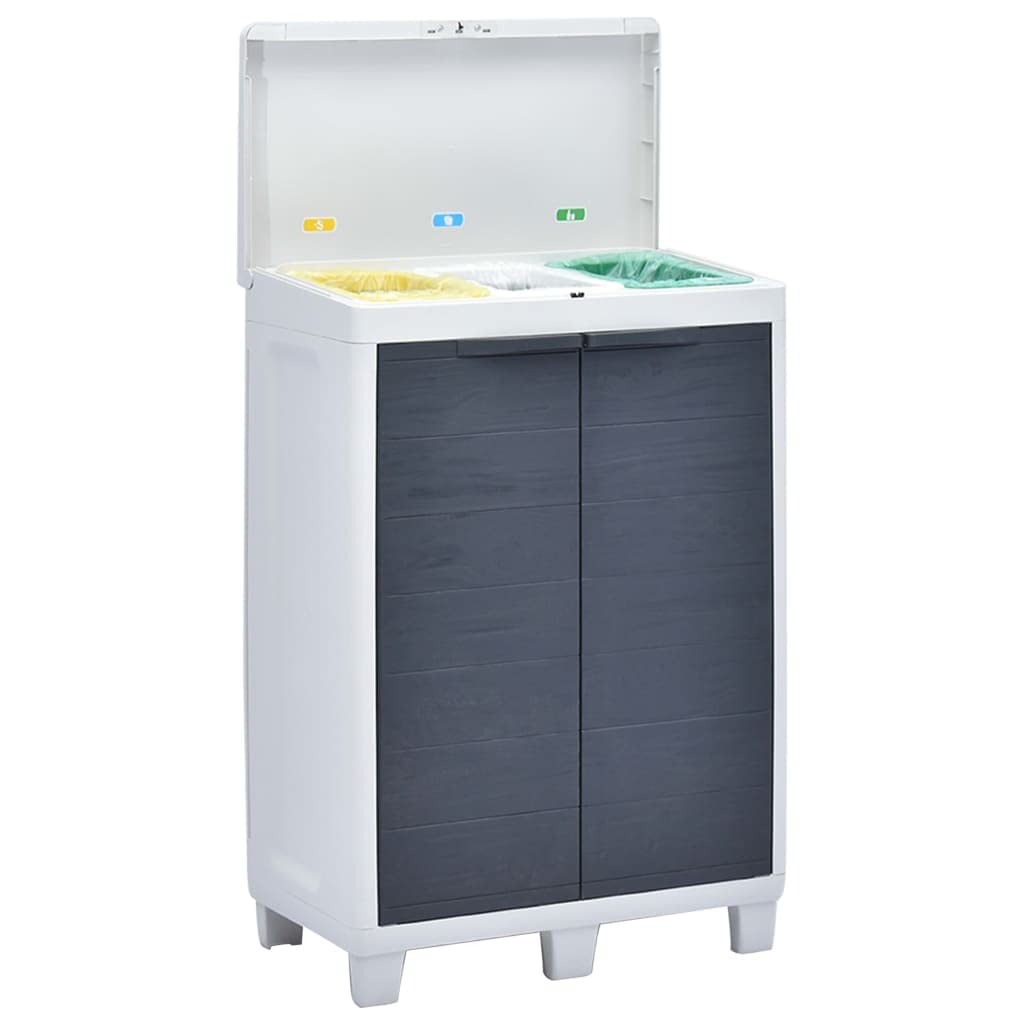 Outdoor Garden Recycling Trash Bin with 3 Bags, 25.6x15x40.2 Inch Weatherproof Waste Separator with Storage Shelf and Lockable Doors, Dark Gray