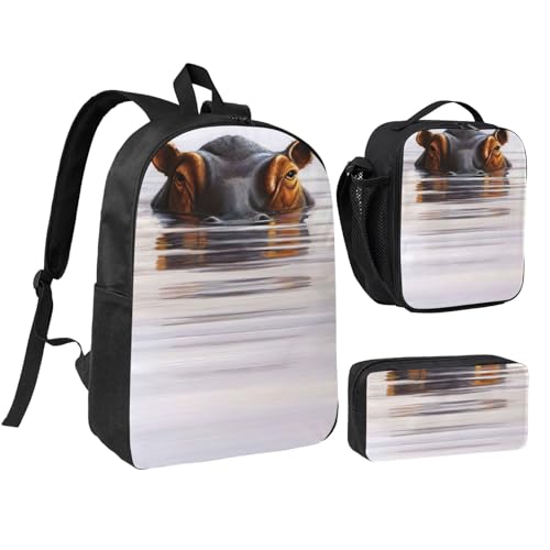 Sac à dos d'école hippopotame 3 pièces avec dos rembourré et accessoires assortis