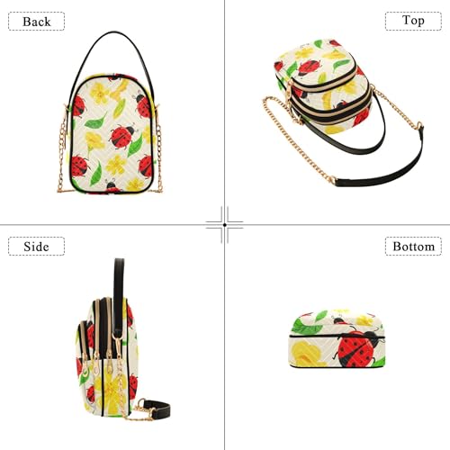Womens Shoulder Handbag Cute Cartoon Ladybugs Floral Quilted Chain Strap Phone Wallet Handbag Cute Zipper Lady Crossbody Bag, 5.9" × 8.3" × 3.1"4