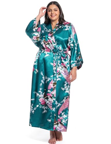 Image of Women's Floral Long Satin Robes Plus Size Long Silk Robes Peacock Floral Kimonos Sleepwear Dressing Gown