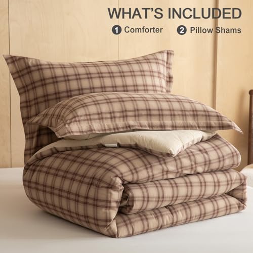 Image of Cyusri Cotton Plaid Full Comforter Set - Soft Lightweight Bedding 3 Pieces Dyed Bed Set with 2 Pillow Shams,Reversible All Season Farmhouse Down Alternative(Full Size 80 inchx90 inch Taupe Plaid)