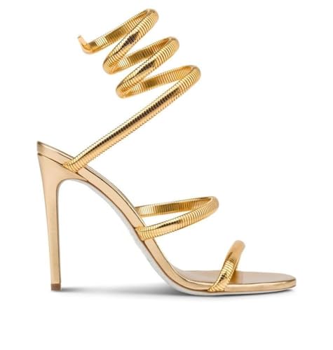 Image of perixir Gold Heels for Women, High Heels with Spiral, 4.17 inch Stiletto Heeled Sandals for Dressy Women, Lace Up Sandals Comfortable Slingback Sandal