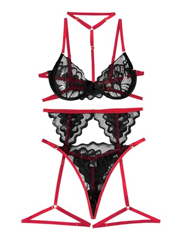 Image of Lilosy Sexy Choker Floral Lace Scallop Sheer Underwire Push Up Garter Belt Lingerie Set 3 Piece