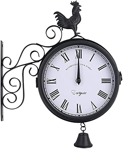 WDWDW Reloj de Pared de Doble Cara, Reloj de estación de jardín al Aire Libre, Reloj de estación Resistente a la Intemperie con Gallo Decorativo, decoración de Sala de Estar Interior, Hermoso Paisaje
