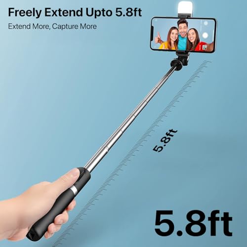Image of DR VAKU Selfie Stick Tripod Stand with Fill Light & Wireless Remote, 69.6 inch /174CM Extendable Bluetooth Long Selfie Stick Compatible with iPhone & Android, Best for Vlogging, Reels & Travel
