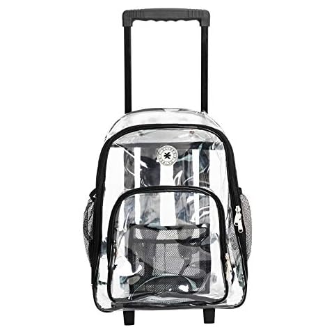 K-Cliffs Rolling Clear Backpack Heavy Duty Bookbag Quality See Through Workbag Travel Daypack Transparent School Book Bags w/Wheels Black Cover
