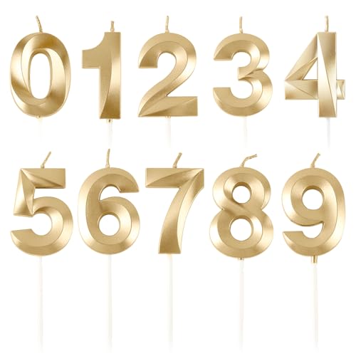 BEAN LIEVE Velas numéricas de cumpleaños – Velas de cumpleaños con número 0-9 para decoración de pasteles en cumpleaños y celebración de aniversario de boda (oro champán)