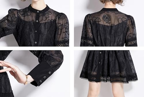 Image of LAI MENG FIVE CATS Women's Hollow Out Floral Print Lantern Sleeve Button Casual Mini Dress