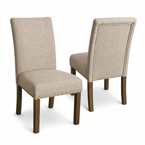 Homepop Home Decor | Classic Upholstered Parsons Dining Chairs | Set of 2 Accent Dining Chairs with Nailhead Trim, Natural Linen