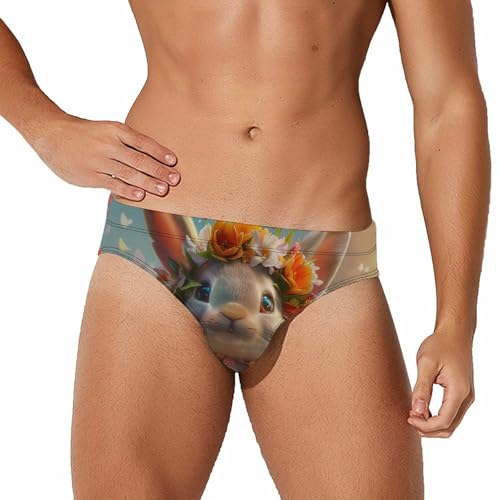 Cute Rabbit Eggs Floral Mens Swim Briefs Bikini Swimwear Print Beach Shorts Sexy Swimsuit XL