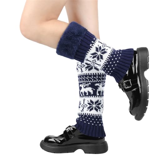 Image of Women Fall Winter Knit Leg Warmers Christmas Snowflake Elk Print Fleece Lined Boot Cuffs Holiday Socks
