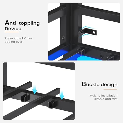 Hasuit Twin Loft Bed with LED Lights, Metal Loft Bed Twin Size with Full-Length Guardrail &Clothes Rack, Heavy Duty Metal Loft Beds Frame, Space-Saving, Noise Free, No Box Spring Needed, Black - Thumbnail 7