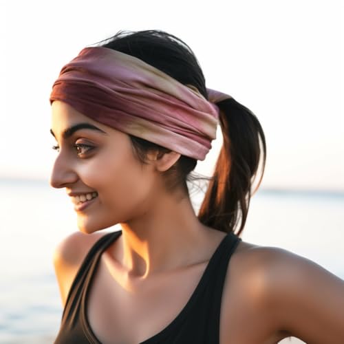 Image of XFYT Super Soft Tie-Dye Yoga Boho Chic Hair Bands | Stylish Stretch Smart Elegant Head Band for Women Girls Workout Sports Fitness Gym (Earthy Rose)