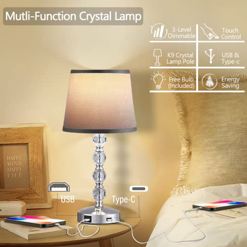 Unfusne Crystal Lamp With Usb Port - Touch Control Table Lamp For Bedroom 3 Way Dimmable Nightstand Lamp With Grey Fabric Shade, Small Lamp For Living Room, Dorm, Home,Office(Led Bulb Included) #TOP1