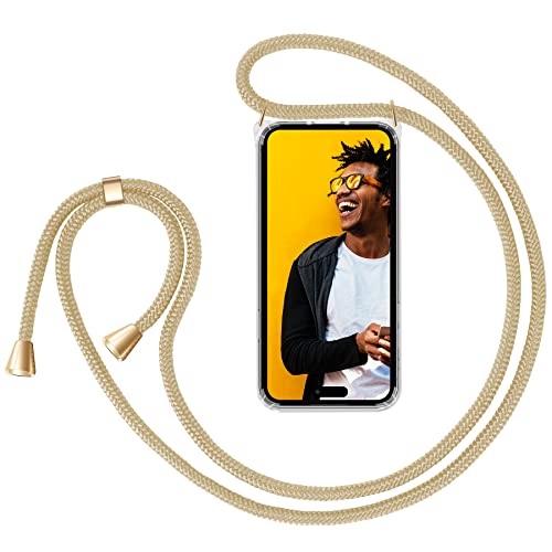 ZhinkArts - Handykette kompatibel mit iPhone 14 Pro Max - Handyhülle zum Umhängen - Hülle mit Band/Schnur - Necklace - Silikon - Beige Cover